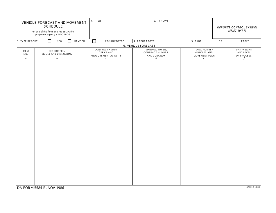 DA Form 5584-R Vehicle Forecast and Movement Schedules (LRA), Page 1