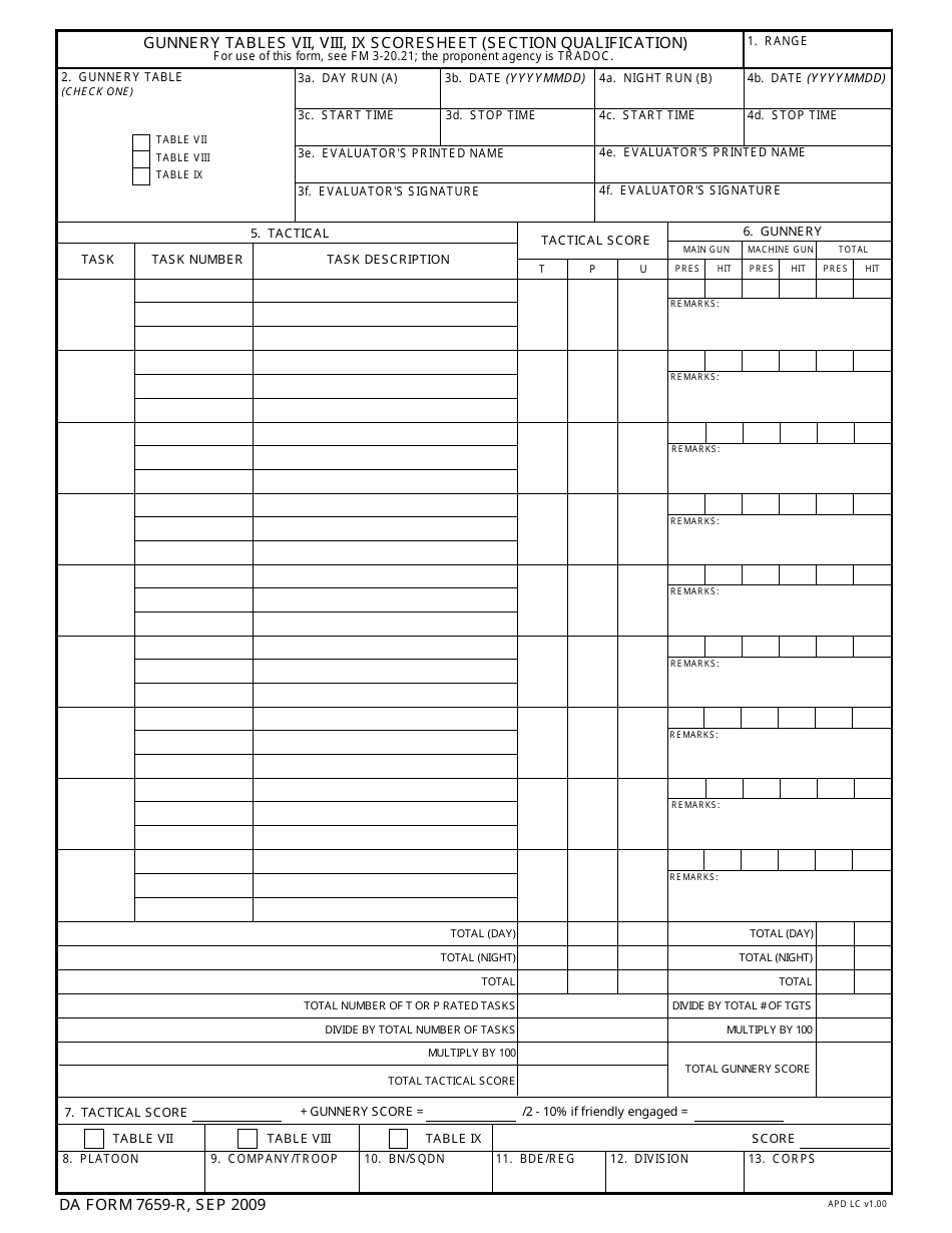 DA Form 7659-R Gunnery Tables VII, VIII, IX Scoresheet (Section Qualification), Page 1