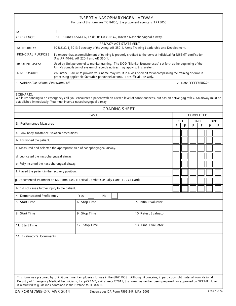 DA Form 7595-2-7 Insert a Nasopharyngeal Airway, Page 1