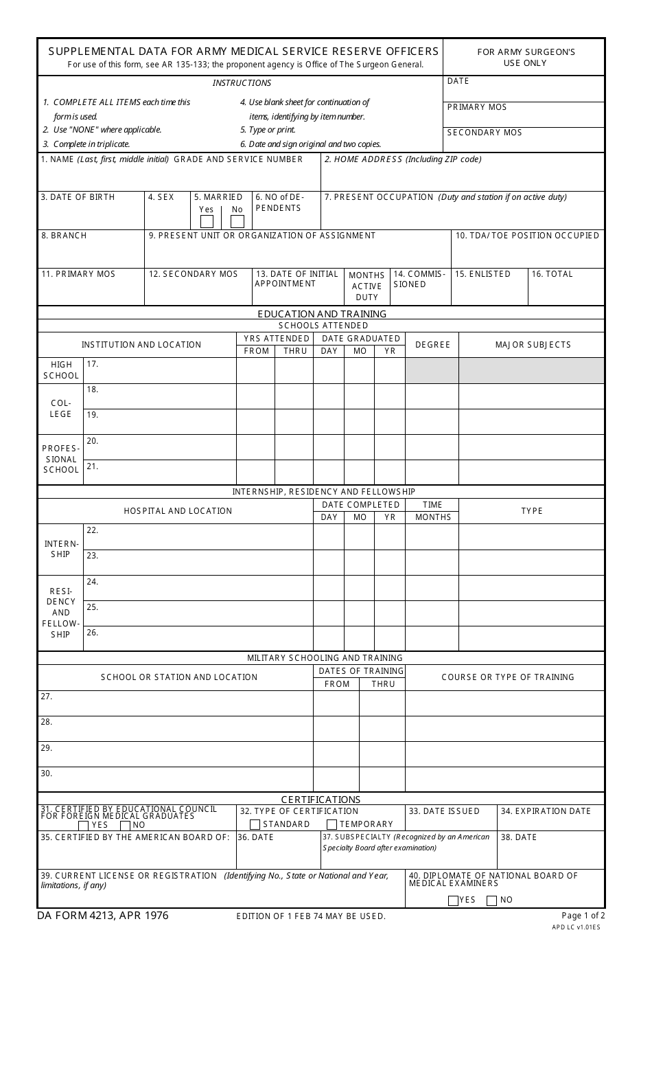 DA Form 4213 Supplemental Data for Army Medical Service Reserve Officers, Page 1