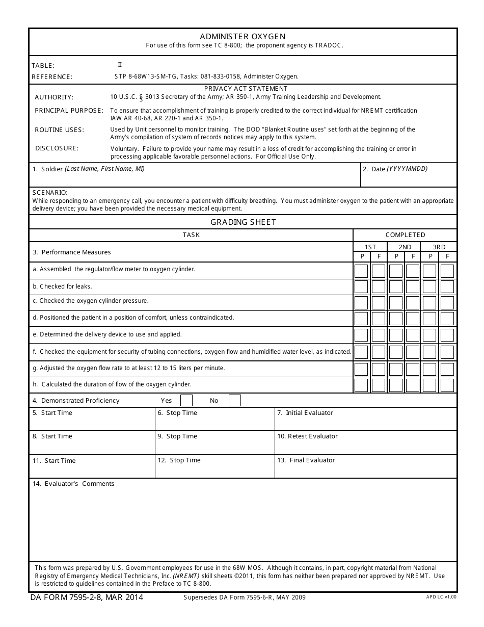 DA Form 7595-2-8 Administer Oxygen, Page 1