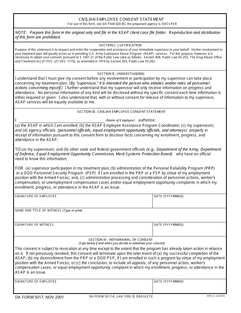 DA Form 5017 - Fill Out, Sign Online and Download Fillable PDF ...