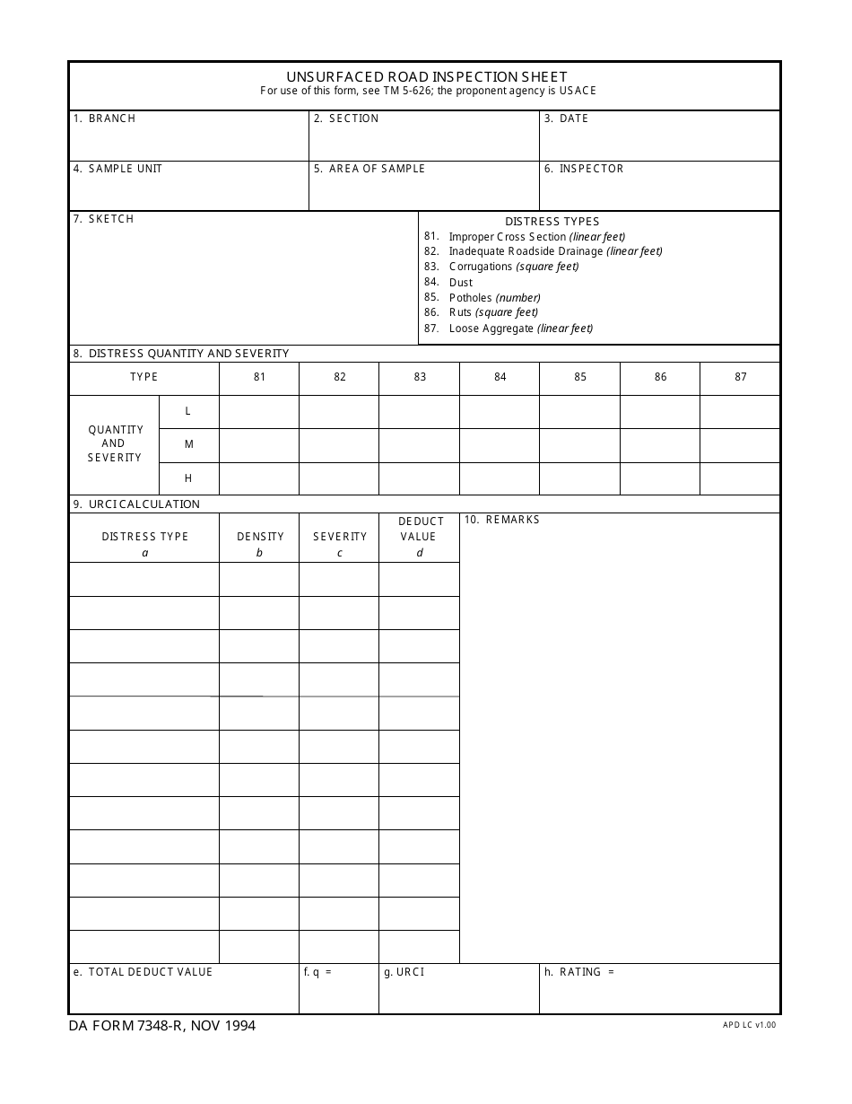 DA Form 7348-R Unsurfaced Road Inspection Sheet (LRA), Page 1