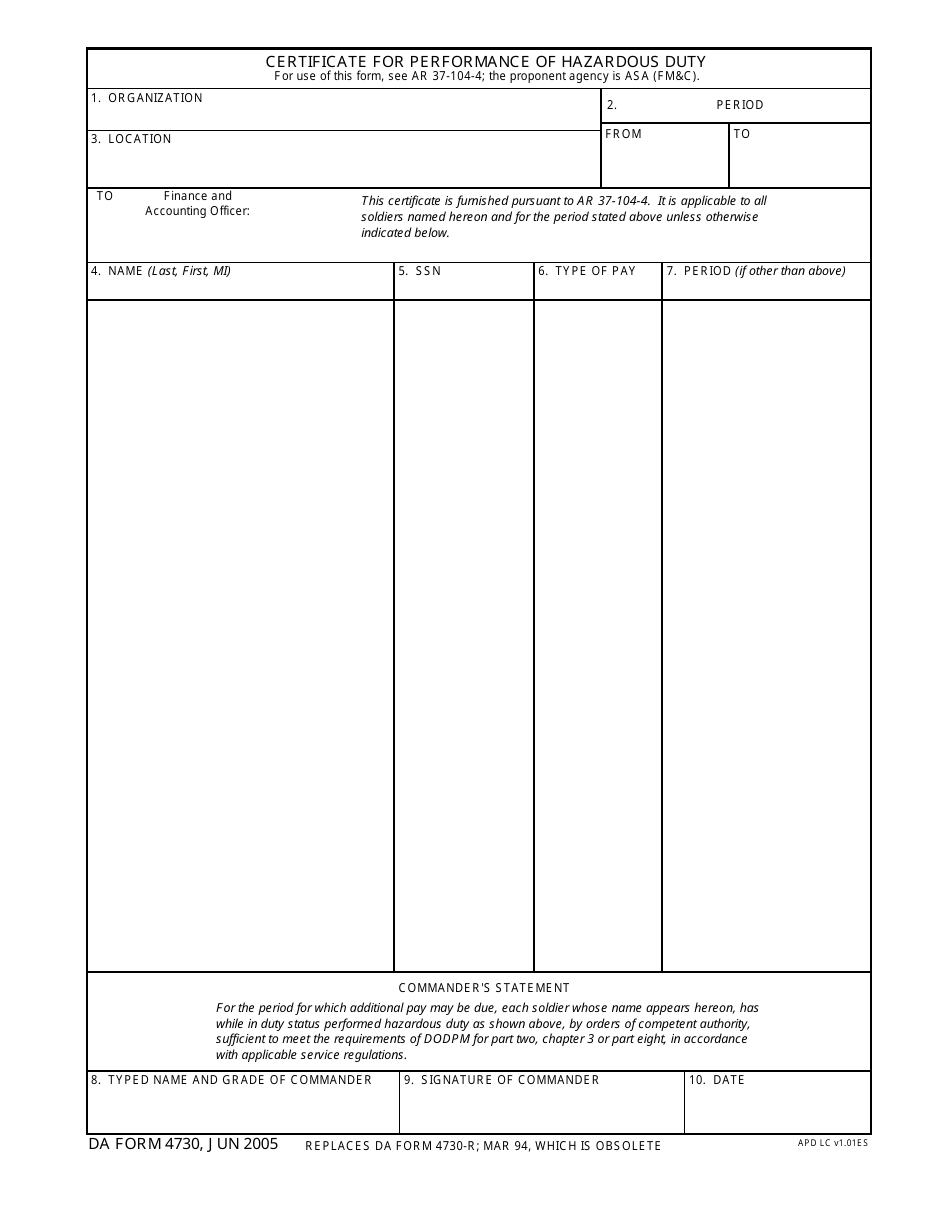 DA Form 4730 Certificate for Performance of Hazardous Duty, Page 1