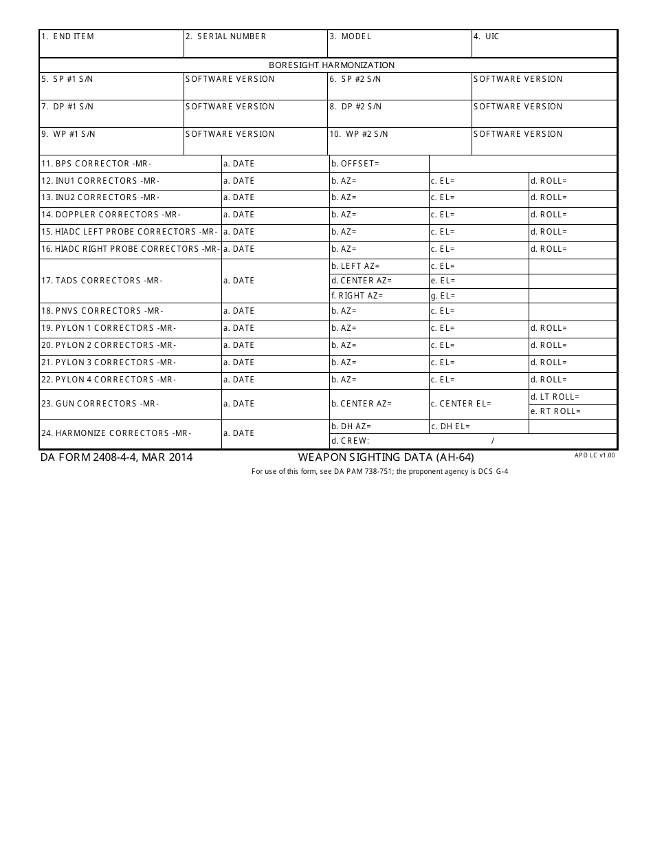 DA Form 2408-4-4 Weapon Sighting Data (Ah-64), Page 1