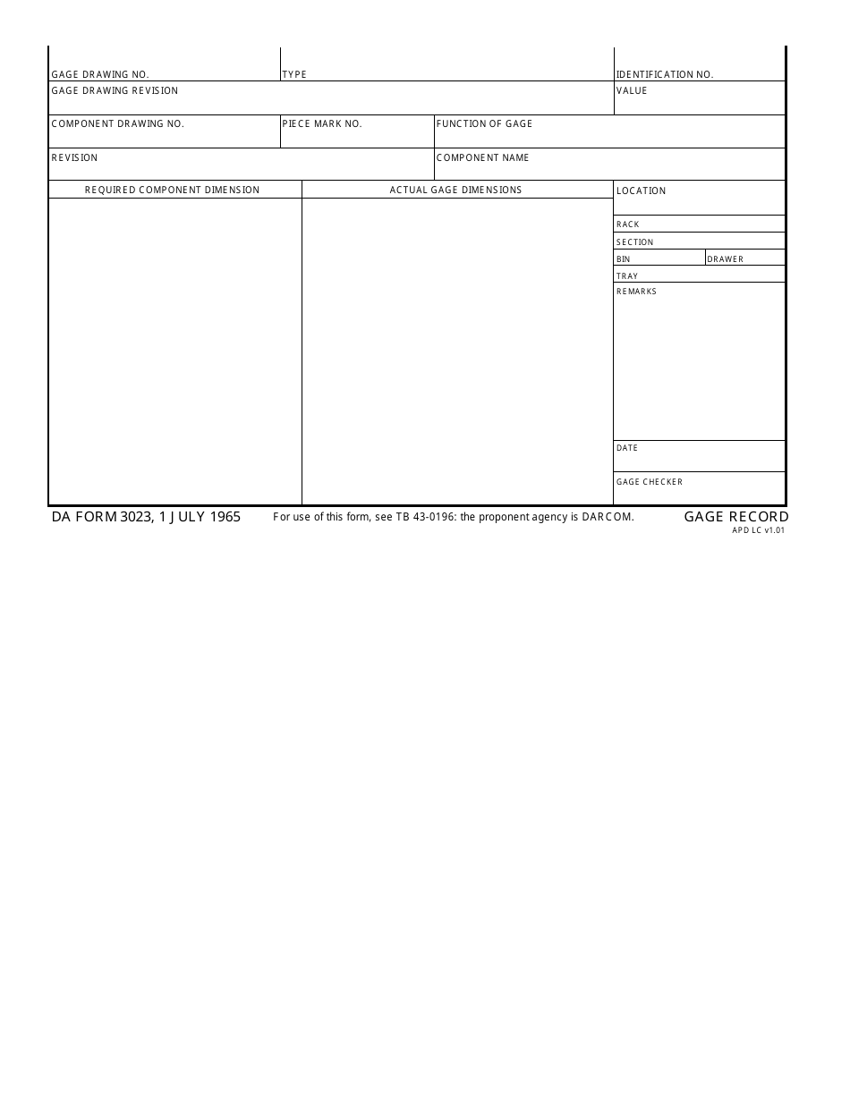 DA Form 3023 Gage Record, Page 1