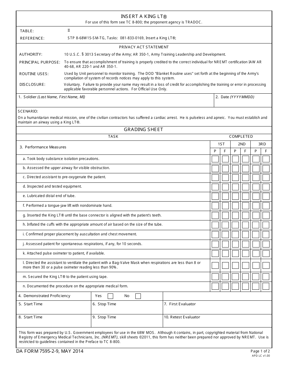 DA Form 7595-2-9 Insert a King Lt, Page 1