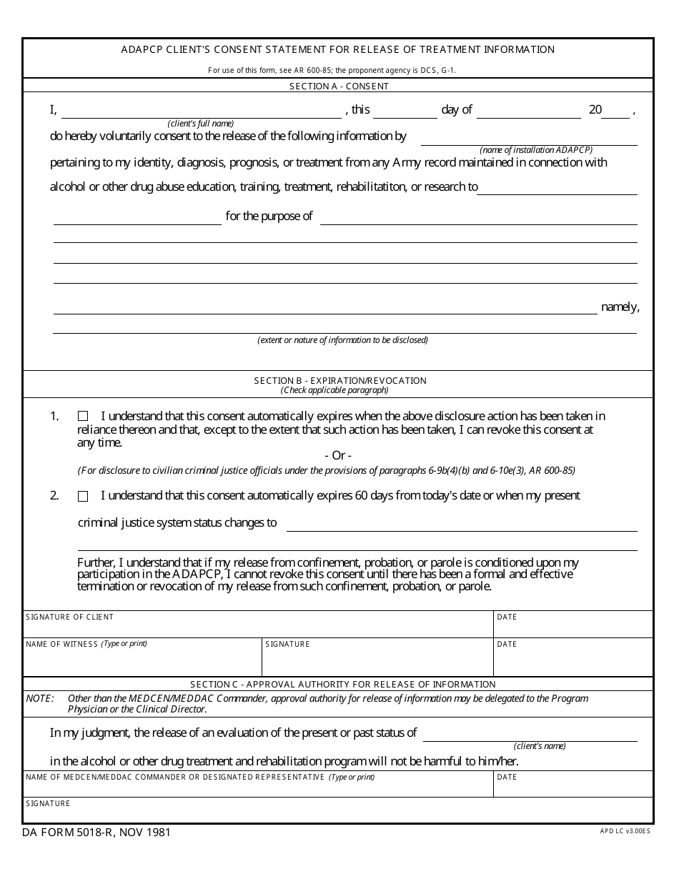 DA Form 5018-R - Fill Out, Sign Online and Download Fillable PDF ...