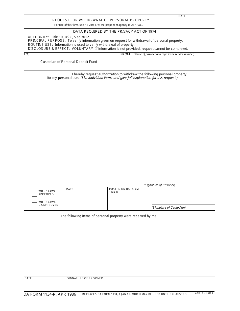 DA Form 1134-R Request for Withdrawal of Personal Property (LRA), Page 1