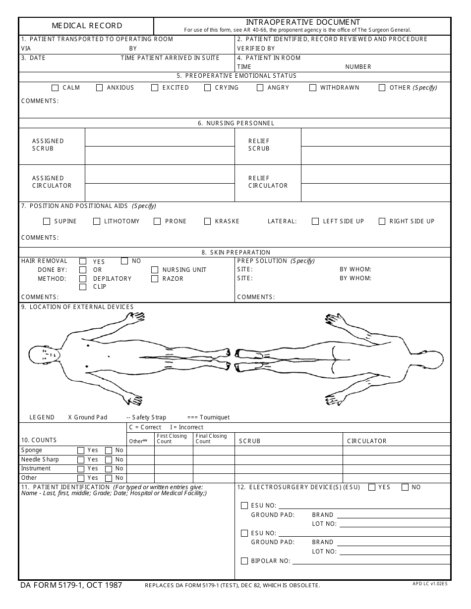 DA Form 5179-1 Intraoperative Document, Page 1