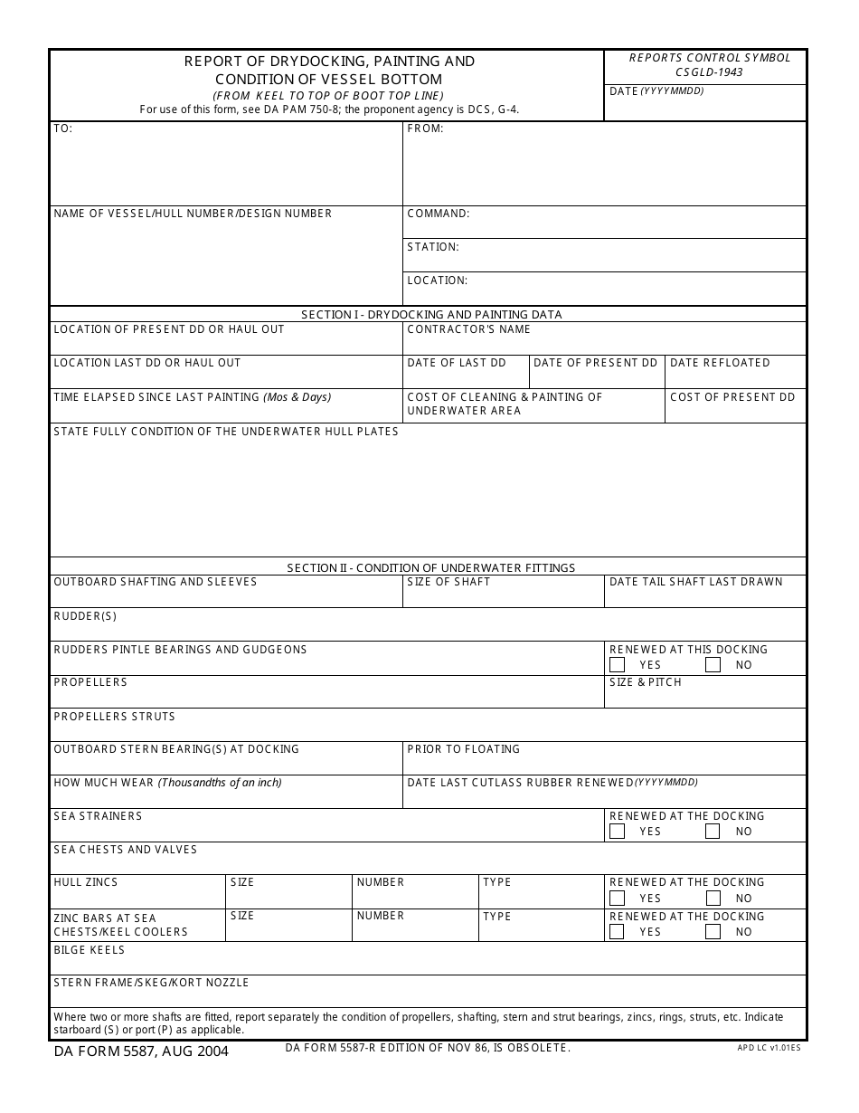 DA Form 5587 Report of Drydocking, Painting and Condition of Vessel Bottom, Page 1