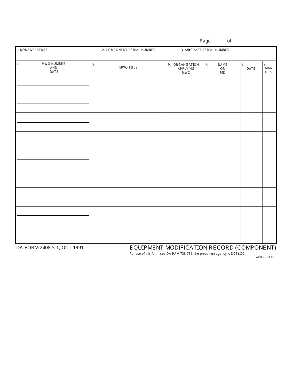 DA Form 2408-5-1 Equipment Modification Record (Component), Page 1