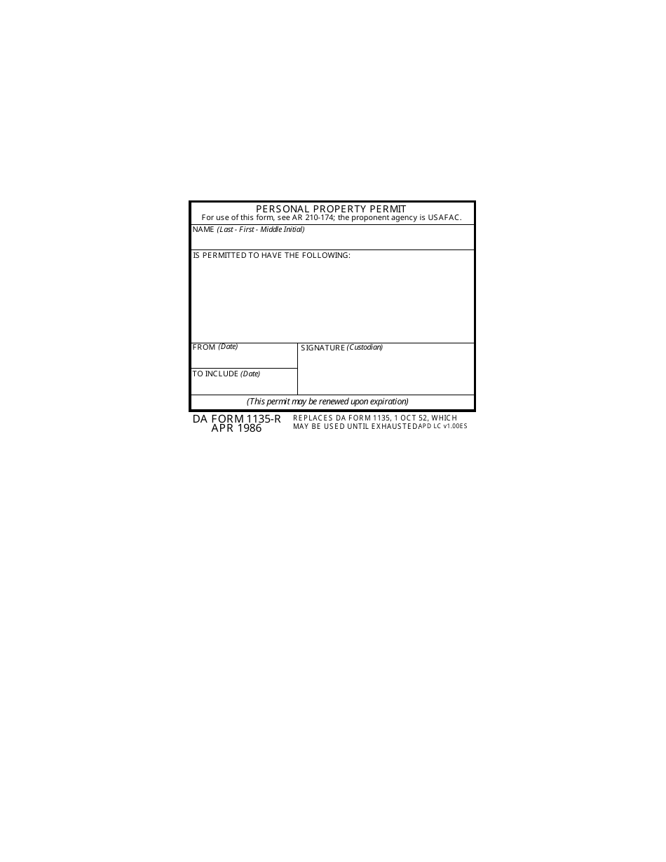 DA Form 1135-R Personal Property Permit (LRA), Page 1