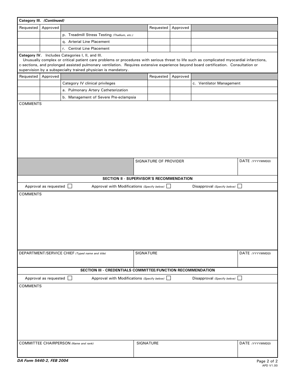 DA Form 5440-2 Delineation of Clinical Privileges-Family Practice, Page 2