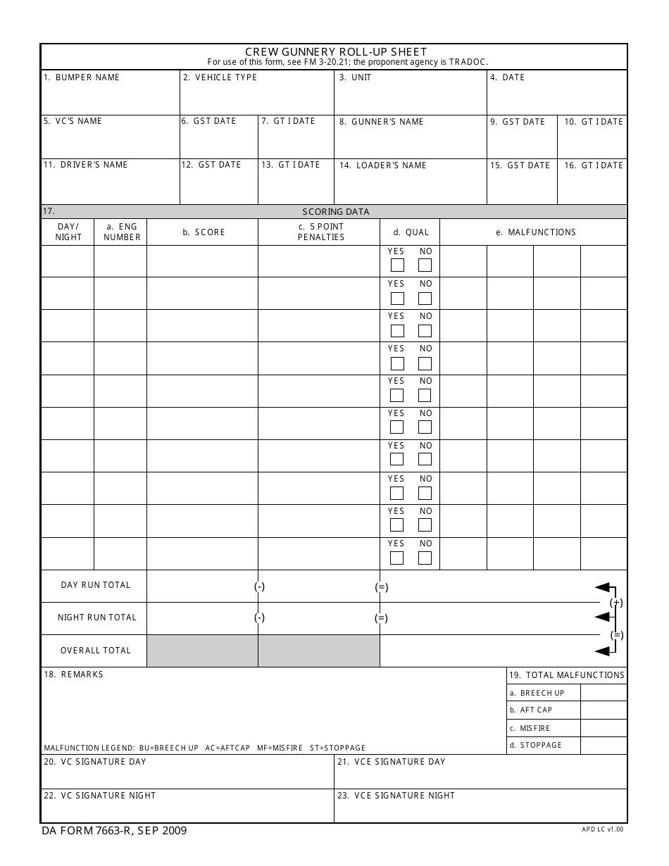 DA Form 7663-R Crew Gunnery Roll-Up Sheet, Page 1