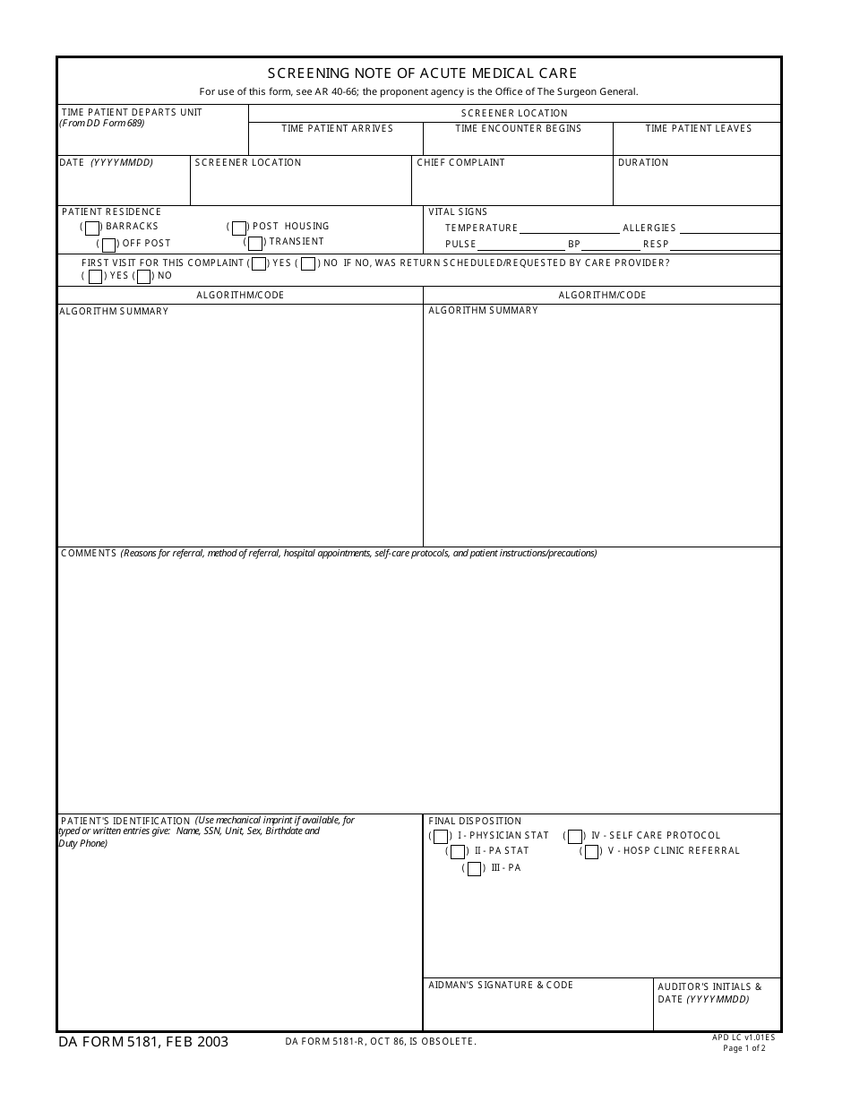DA Form 5181 Screening Note of Acute Medical Care, Page 1