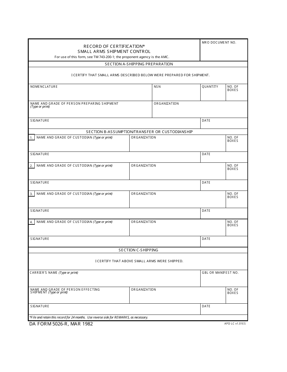 DA Form 5026-R Record of Certification - Small Arms Shipment Control (LRA), Page 1