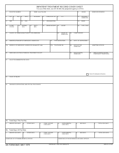 DA Form 3647 Inpatient Treatment Record Cover Sheet