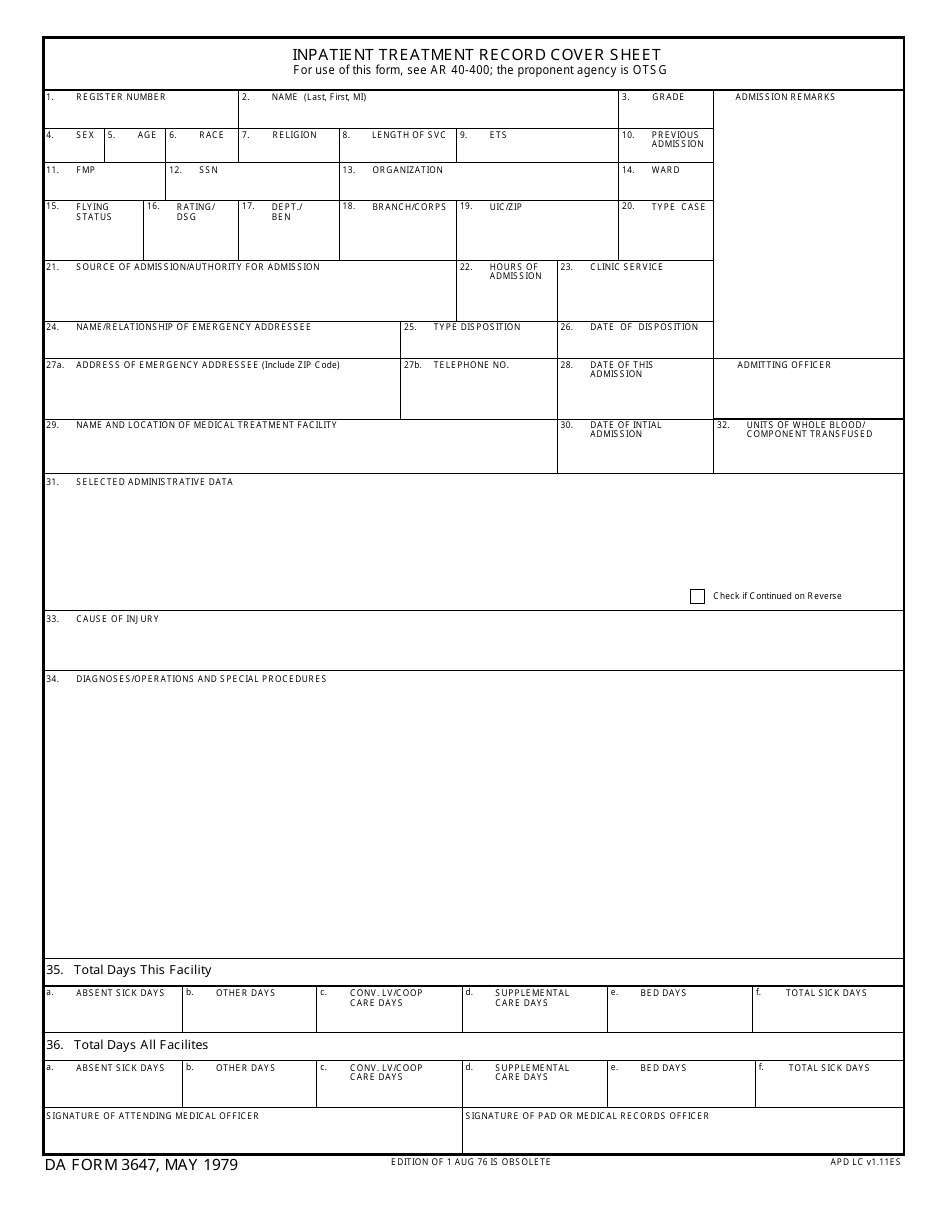DA Form 3647 Inpatient Treatment Record Cover Sheet, Page 1