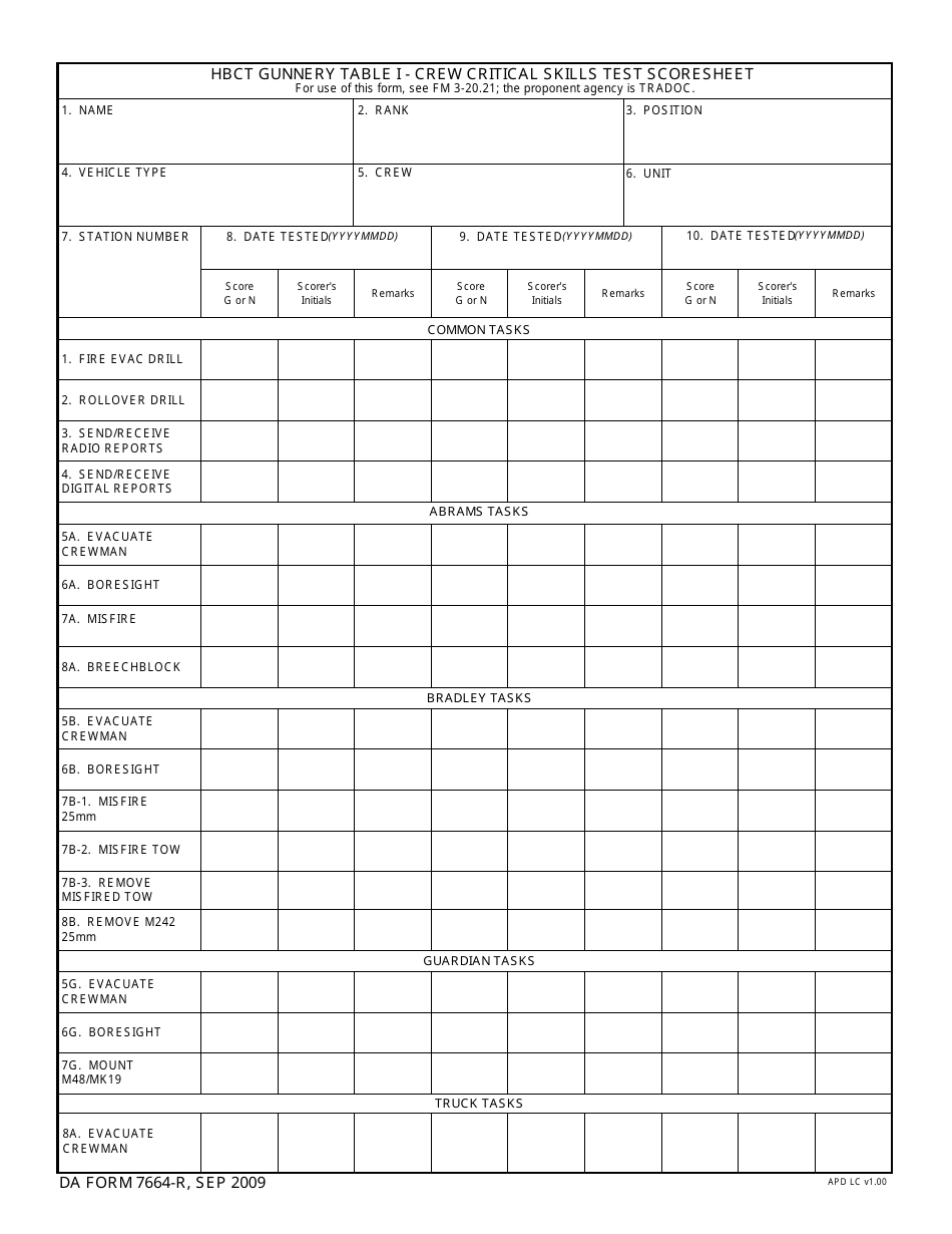 DA Form 7664-R Hbct Gunnery Table I - Crew Critical Skills Test Scoresheet, Page 1