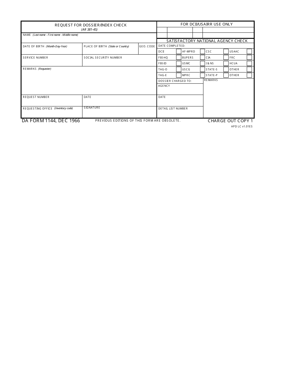 DA Form 1144 Request for Dossier / Index Check, Page 1