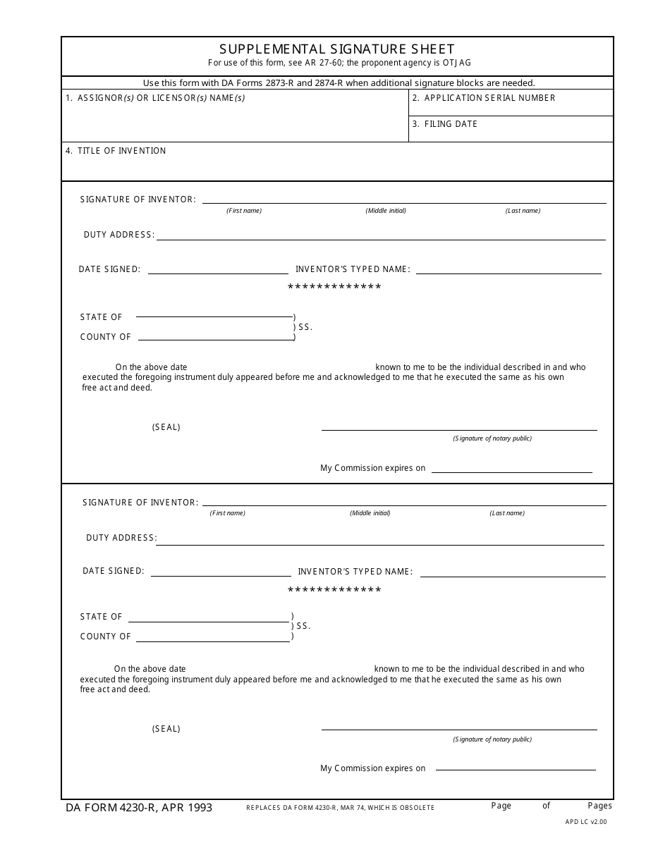 DA Form 4230-R Supplemental Signature Sheet (LRA), Page 1