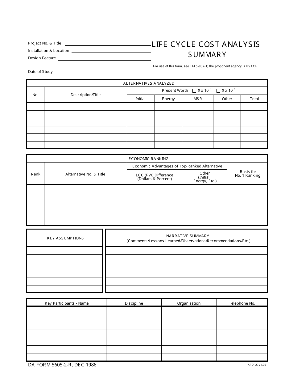 DA Form 5605-2-R Life Cycle Cost Analysis Summary (LRA), Page 1