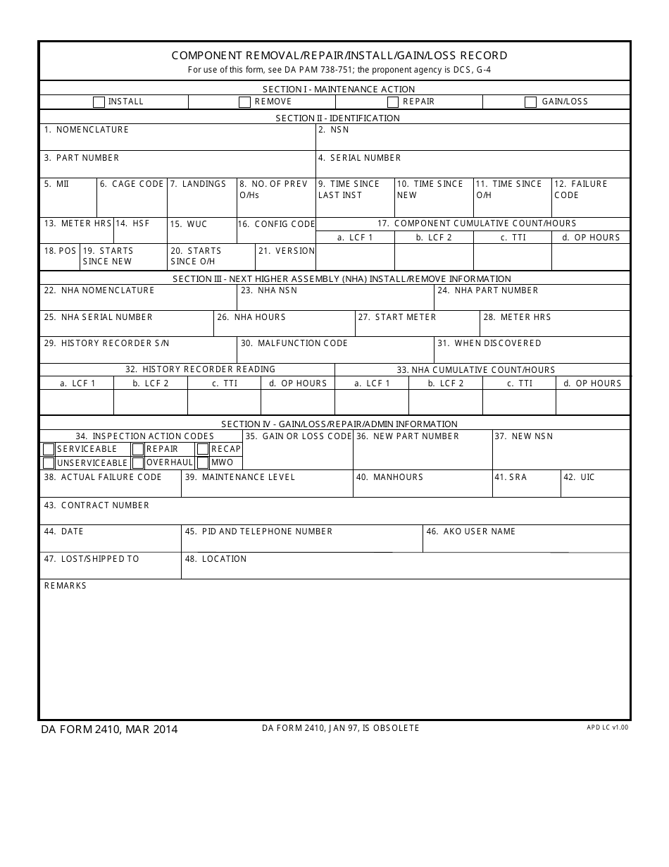 DA Form 2410 Component Removal / Repair / Install / Gain / Loss Record, Page 1