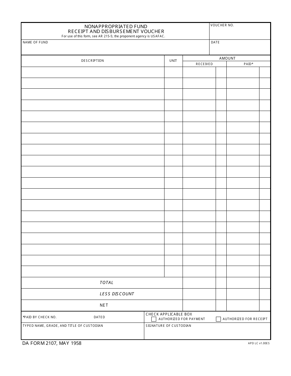 DA Form 2107 Nonappropriated Fund - Receipt and Disbursement Voucher, Page 1