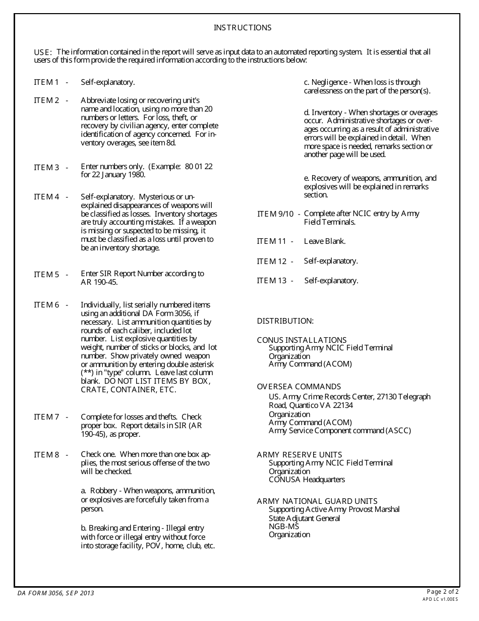DA Form 3056 Report of Missing / Recovered Firearms, Ammunition and Explosives, Page 2