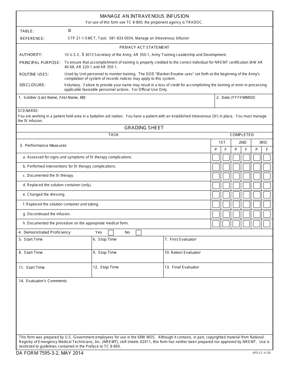 DA Form 7595-3-2 Manage an Intravenous Infusion, Page 1