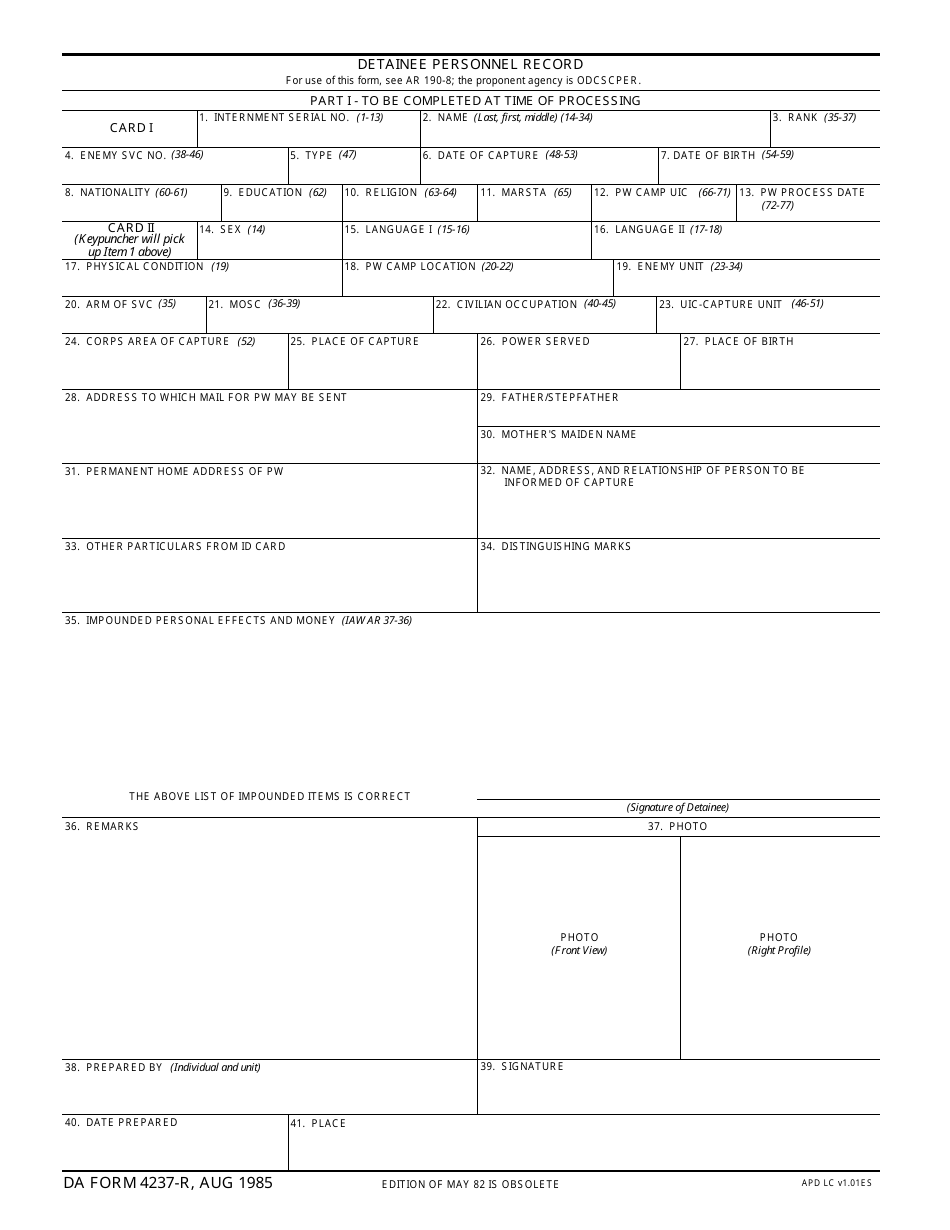 DA Form 4237-R Detainee Personnel Record (LRA), Page 1
