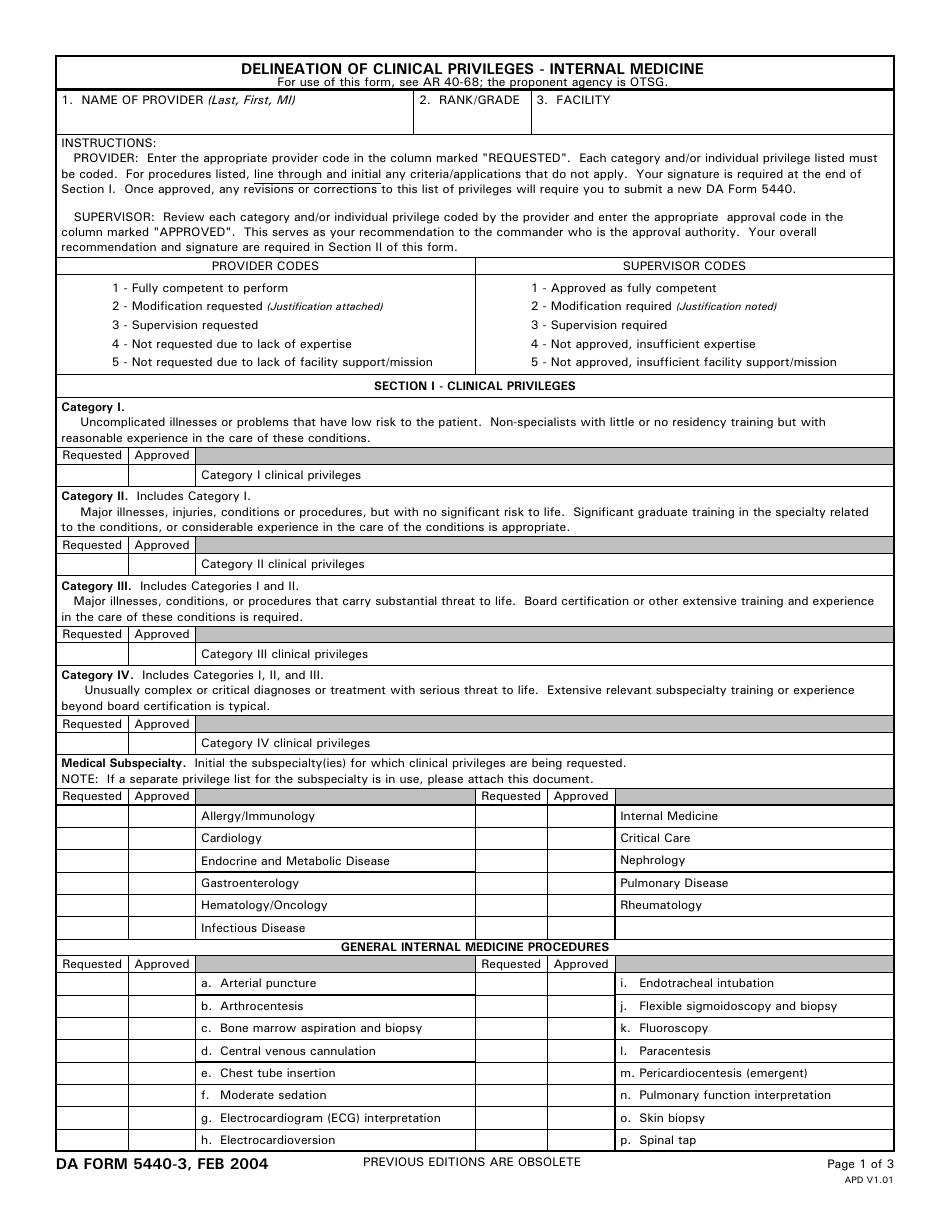 DA Form 5440-3 Delineation of Clinical Privileges -internal Medicine, Page 1