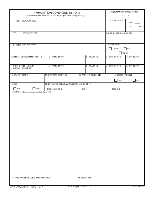 DA Form 2415 Ammunition Condition Report