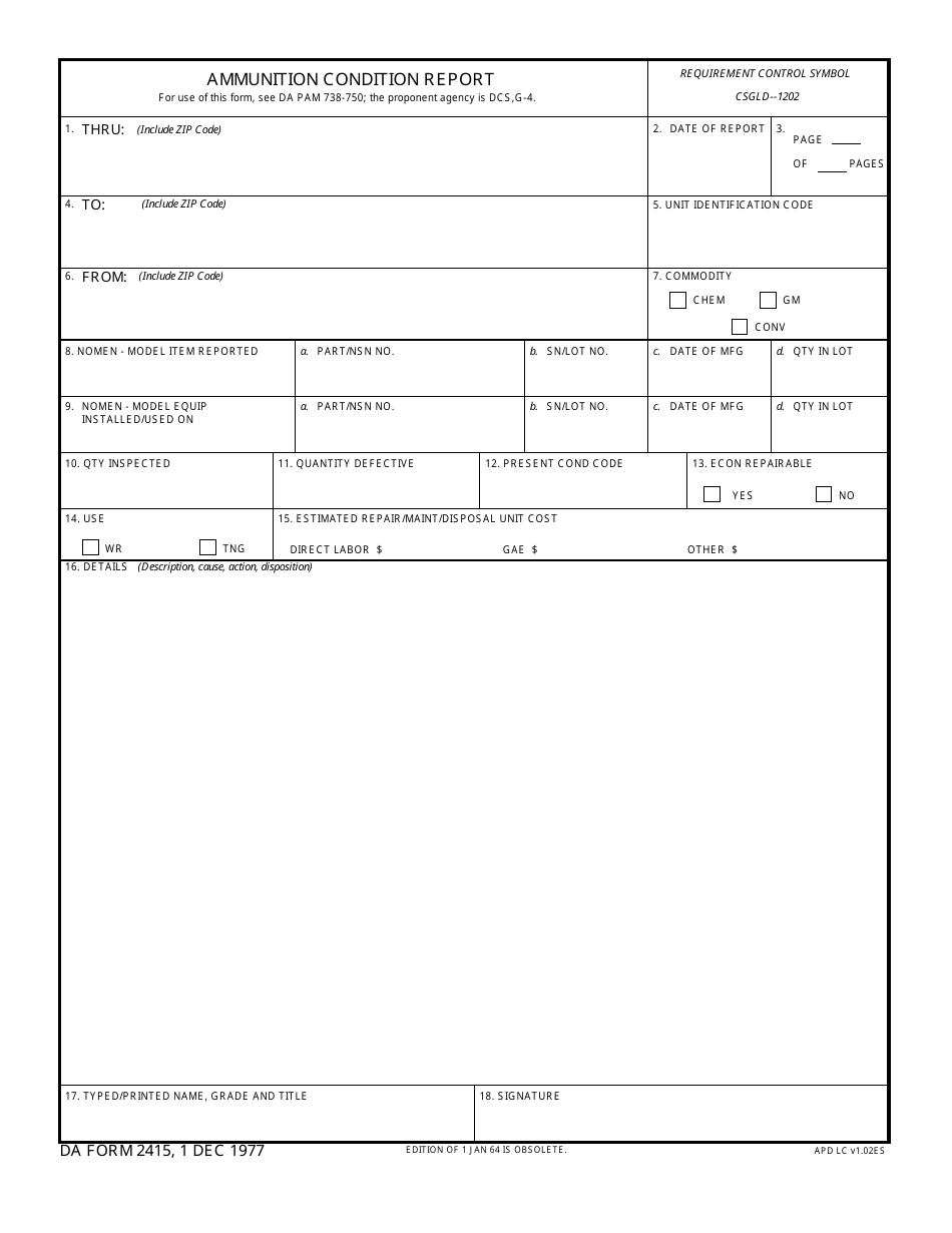DA Form 2415 Ammunition Condition Report, Page 1