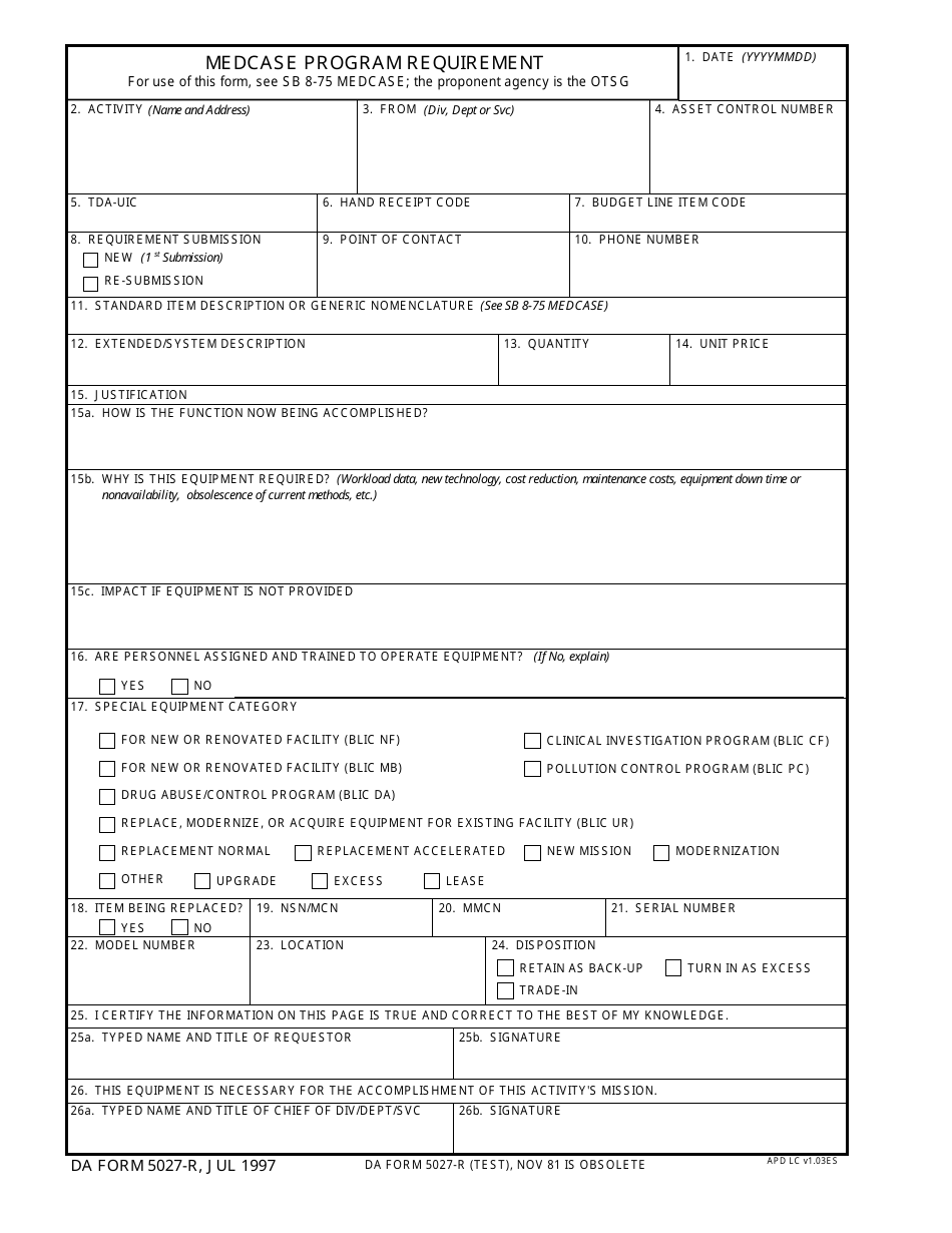 DA Form 5027-R Medcase Program Requirement (LRA), Page 1