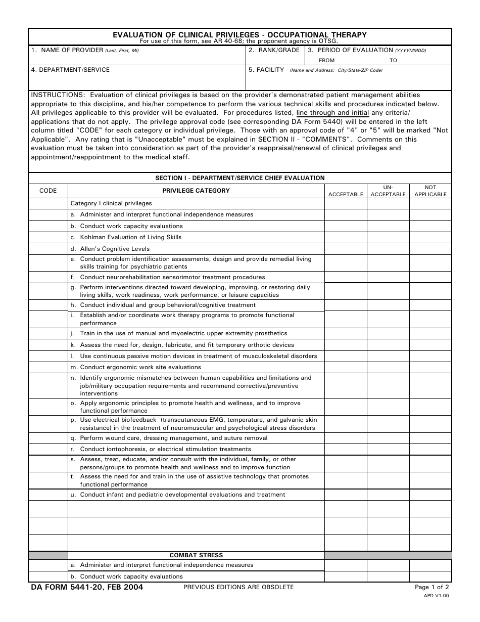 DA Form 5441-20 Evaluation of Clinical Privileges - Occupational Therapy, Page 1
