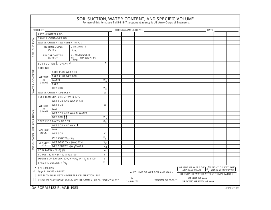 DA Form 5182-R Soil Suction, Water Content and Specific Volume (LRA), Page 1