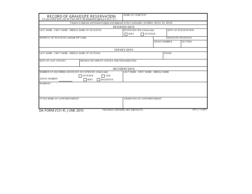 DA Form 2121-R  Printable Pdf