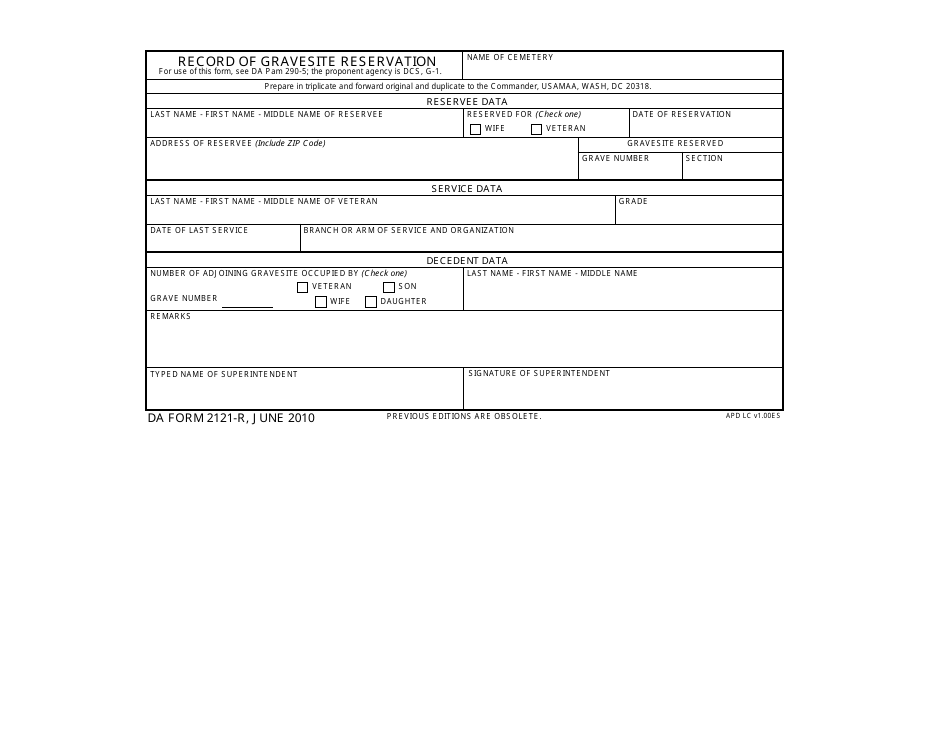 DA Form 2121-R Record of Gravesite Reservation (LRA), Page 1