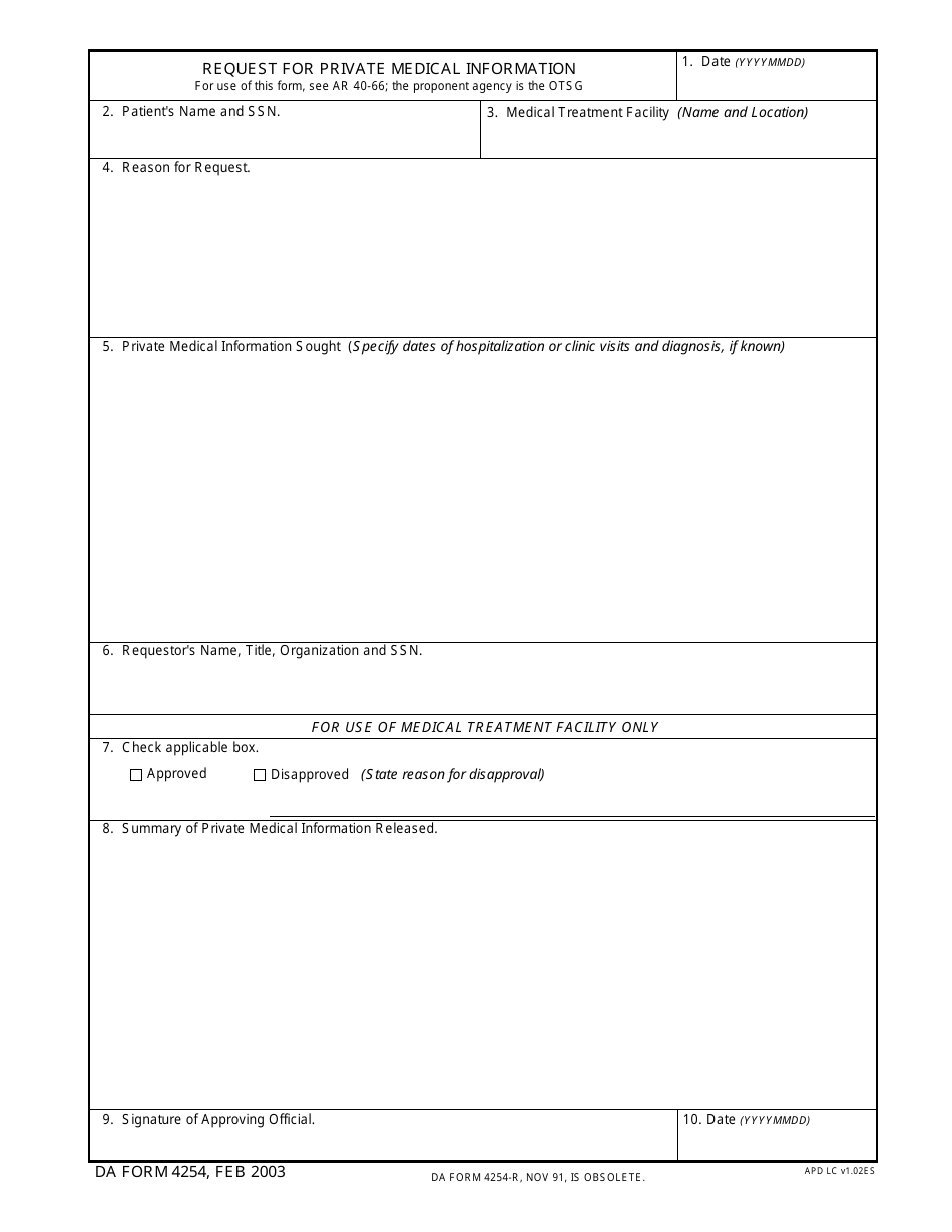 DA Form 4254 Request for Private Medical Information, Page 1