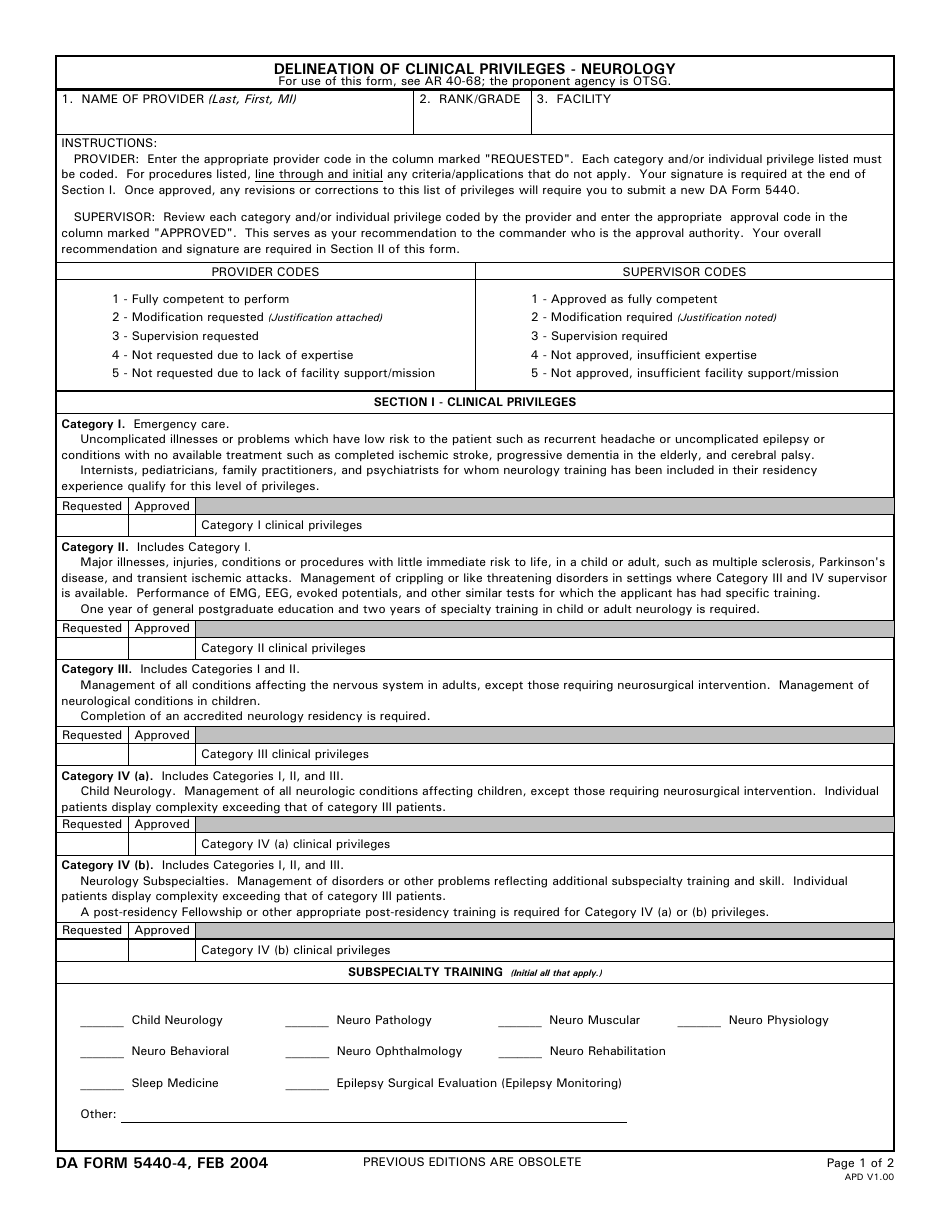 DA Form 5440-4 Delineation of Clinical Privileges-Neurology, Page 1