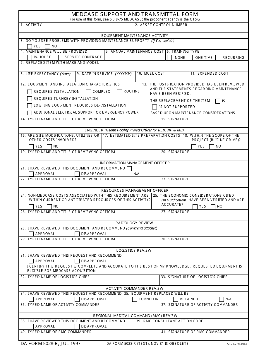 DA Form 5028-R Medcase Support and Transmittal Form (LRA), Page 1