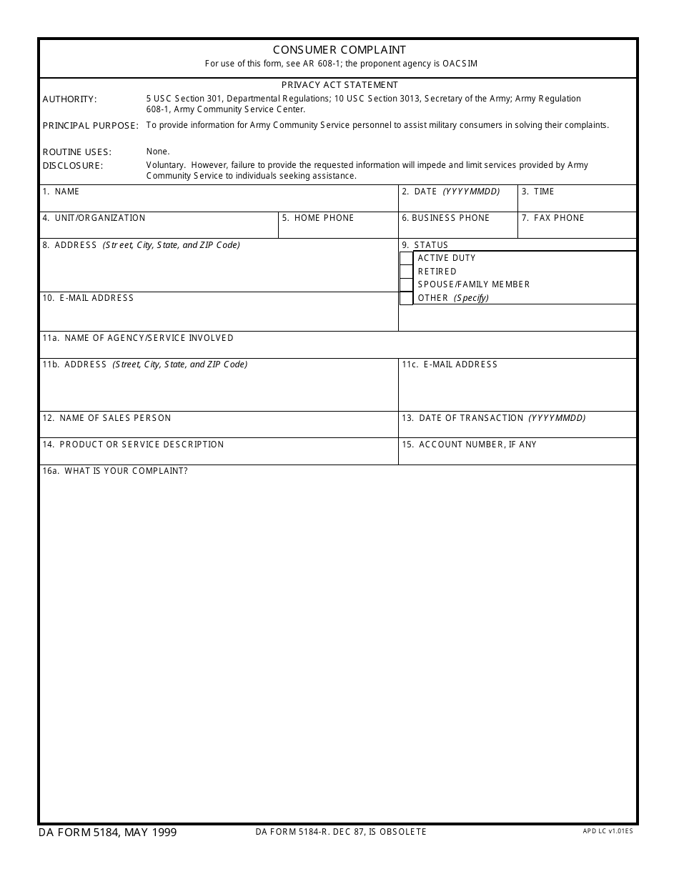 DA Form 5184 Consumer Complaint, Page 1