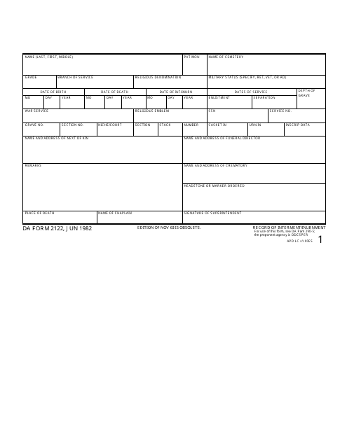 DA Form 2122  Printable Pdf