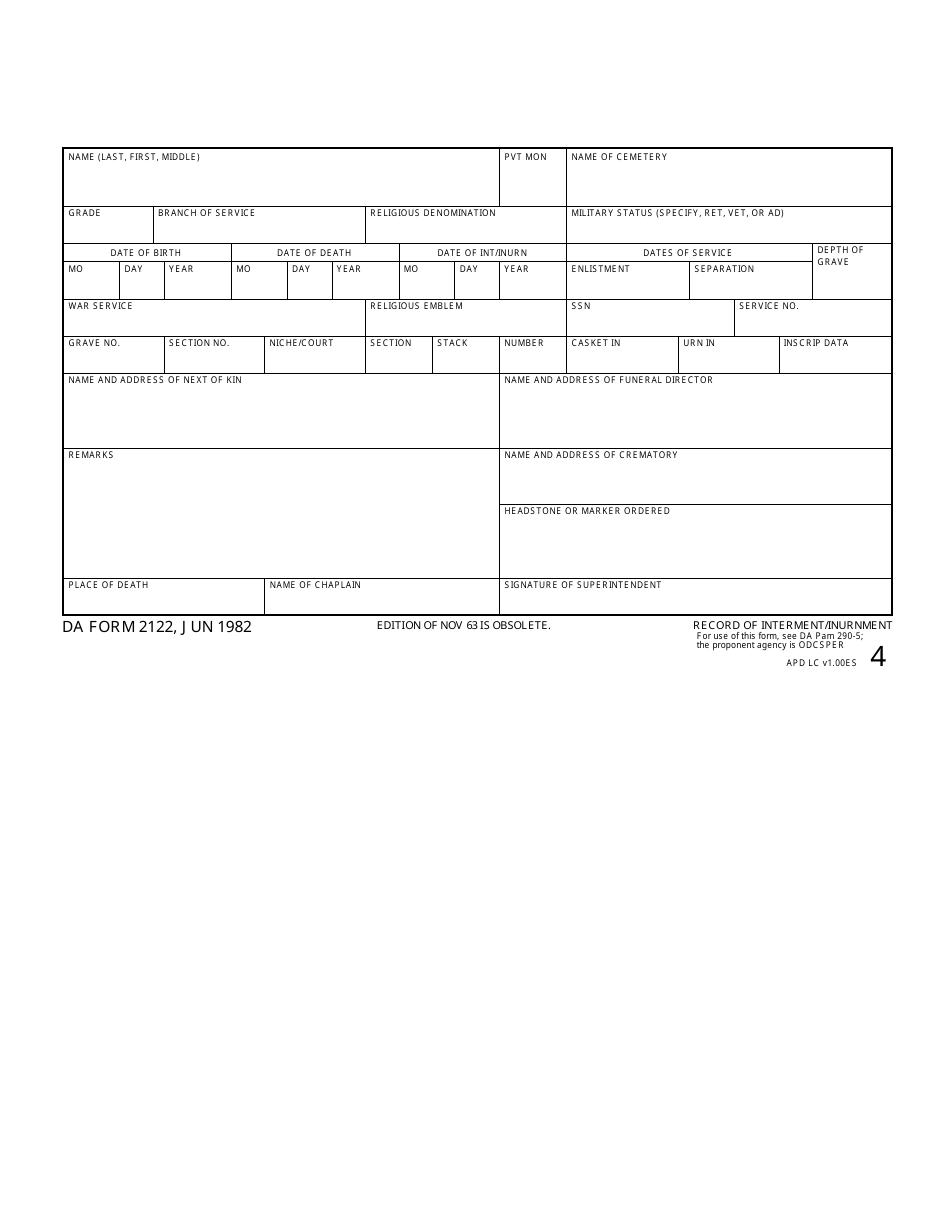 DA Form 2122 Record of Interment / Inurnment, Page 4
