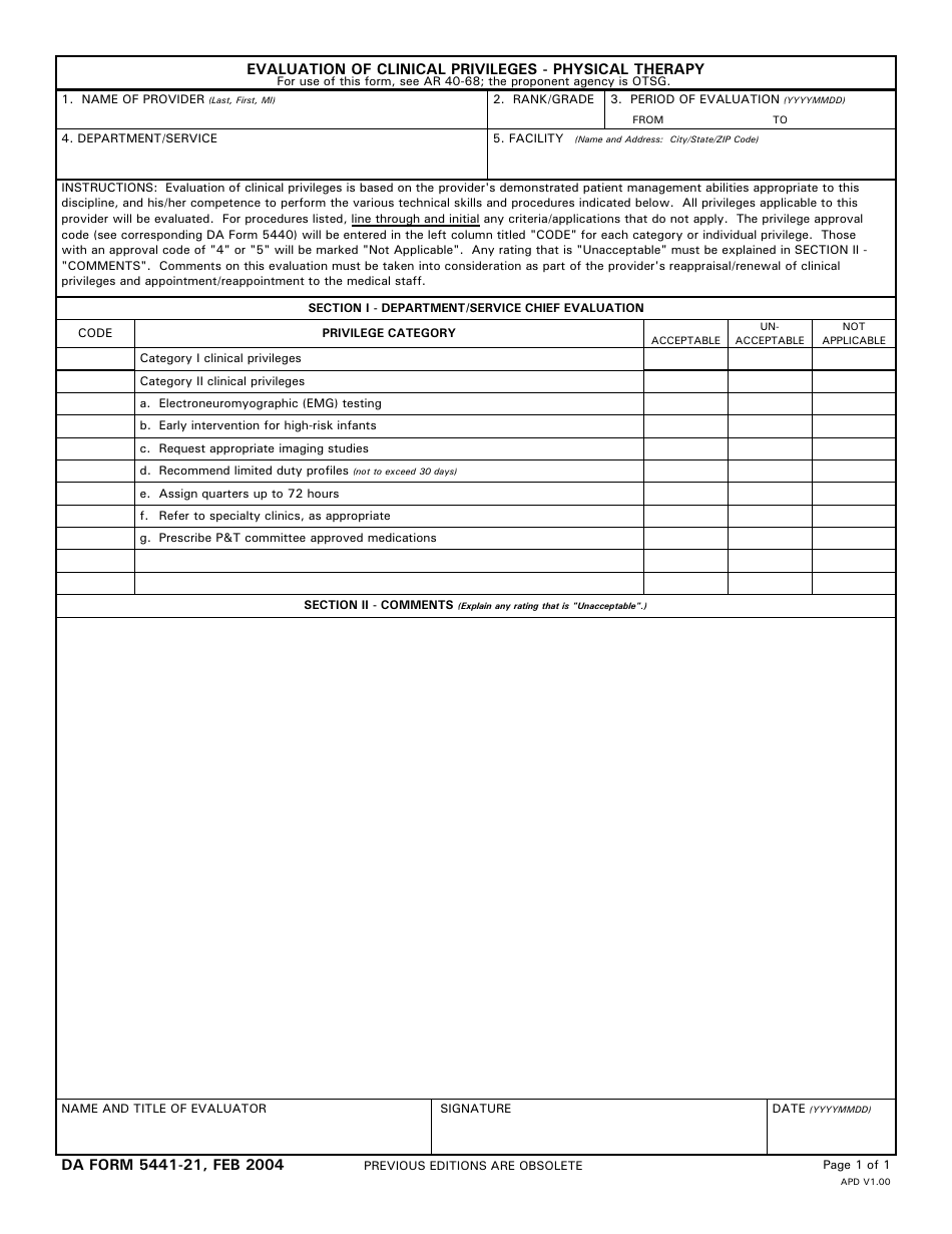 DA Form 5441-21 Evaluation of Clinical Privileges - Physical Therapy, Page 1