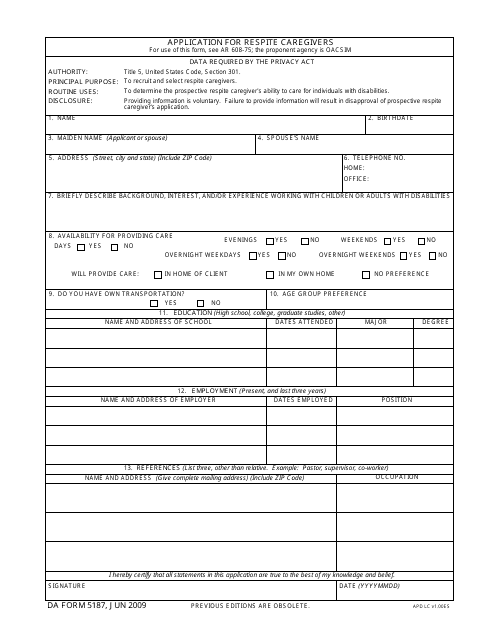 DA Form 5187 Application for Respite Caregivers