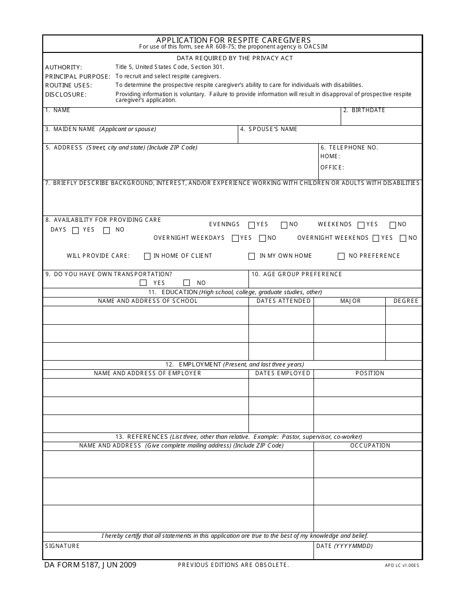 DA Form 5187 Application for Respite Caregivers, Page 1
