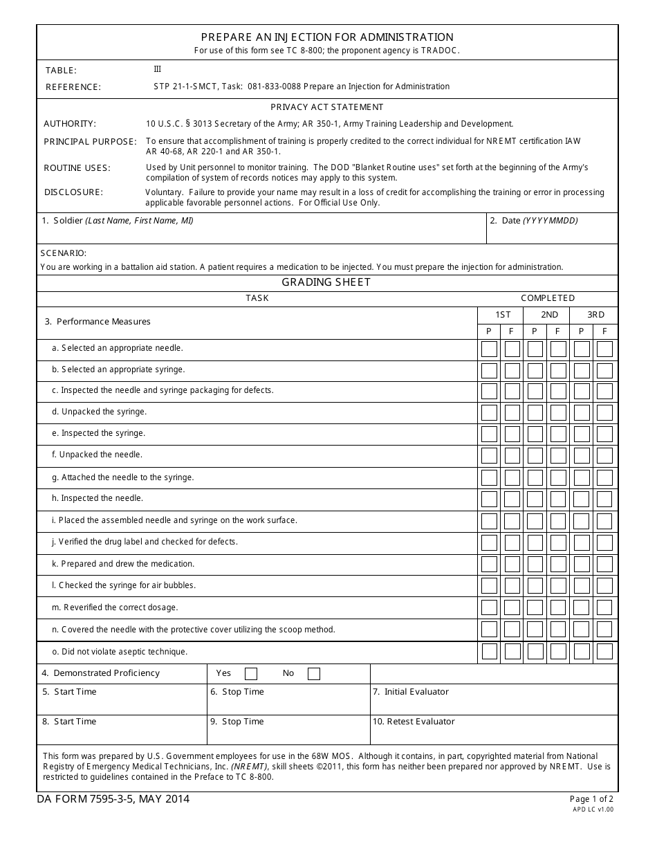 DA Form 7595-3-5 Prepare an Injection for Administration, Page 1